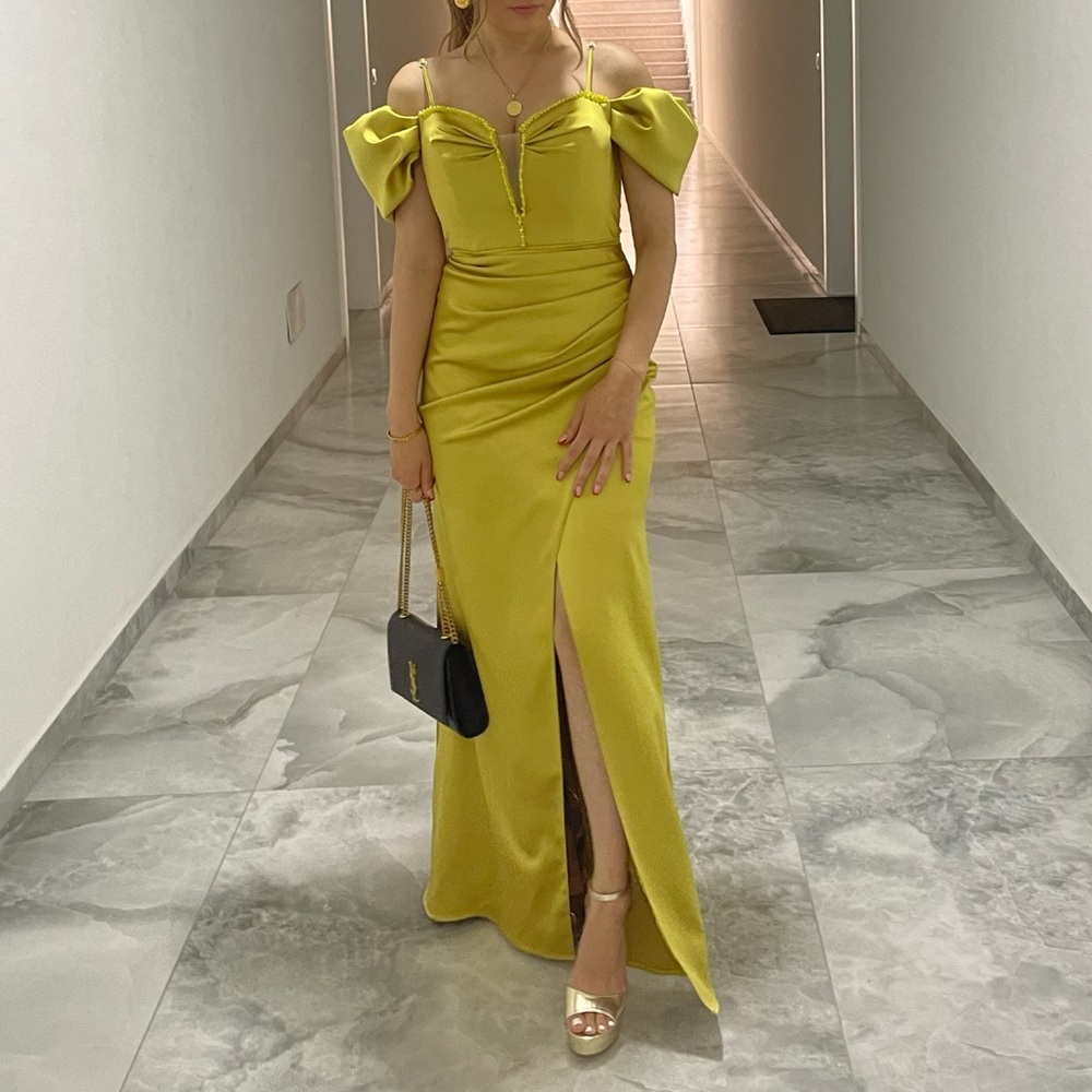 Elegant Lime-Green Off-Shoulder Dress